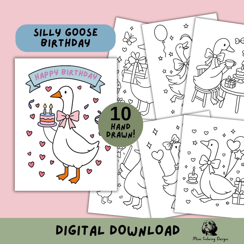 Silly Goose birthday coloring pages for kids – fun printable activity sheets perfect for a party! Includes adorable cartoon geese, balloons, party hats & birthday cakes. Digital download PDF format for easy at-home printing. Great for toddlers, preschoolers, and early elementary school kids to enjoy during birthday celebrations.