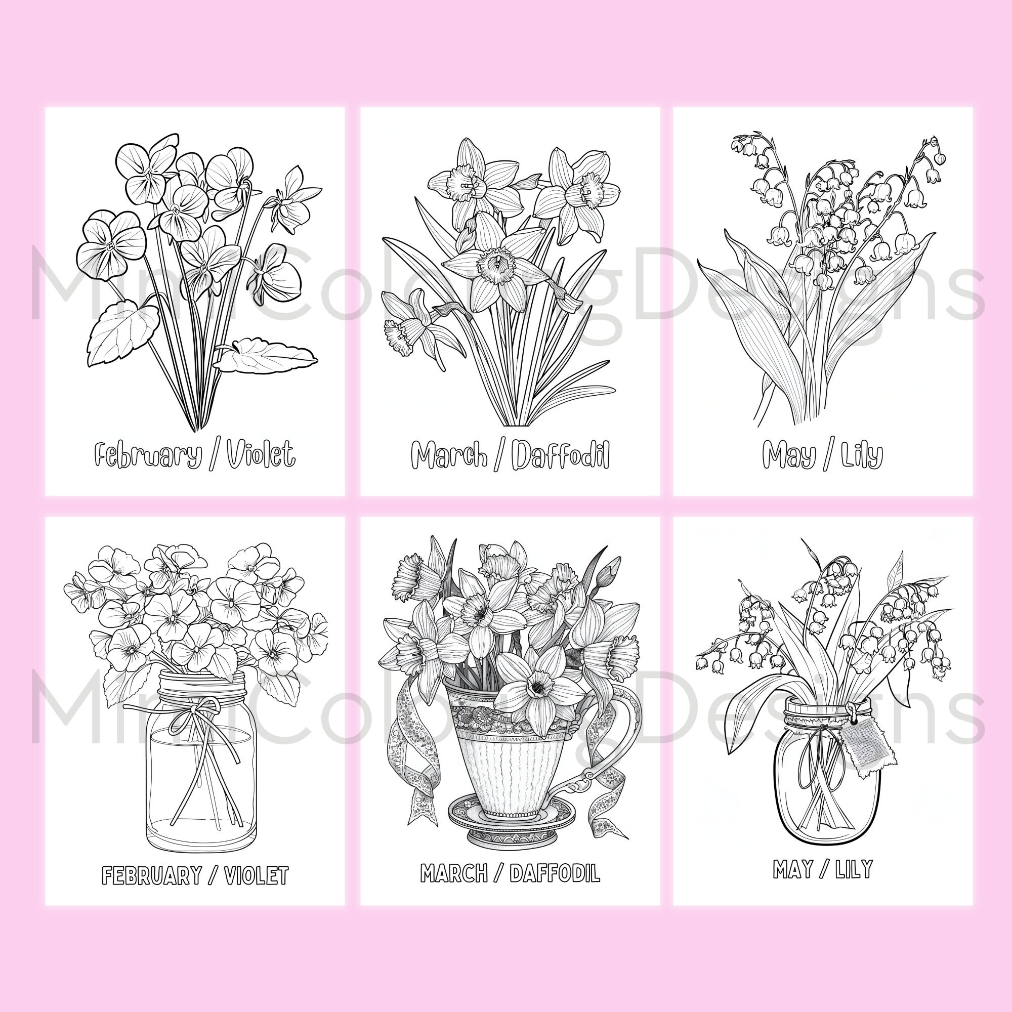 26 Birth Month Flower Coloring Pages, for Adults and Kids, Printable ...