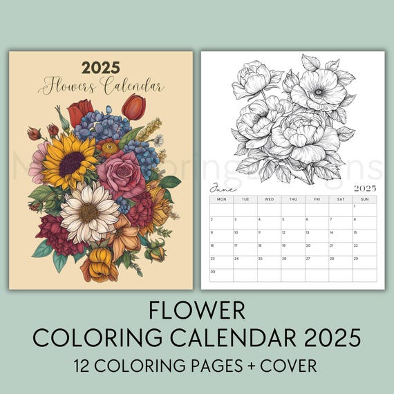 Floral Coloring Calendar 2025 Printable, 2025 Monthly