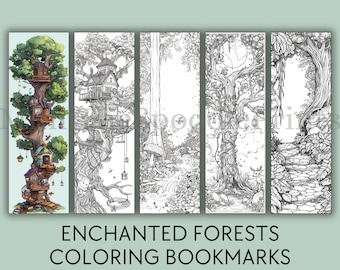 May include: Five black and white coloring book bookmarks featuring enchanted forest scenes. The bookmarks include a treehouse, a mushroom, a stream, a deer, and a stone path.
