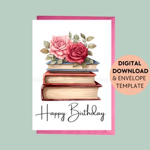 Carte d'anniversaire imprimable, littéraire, pour les amateurs de lecture, livres roses, voeux imprimables, téléchargement numérique