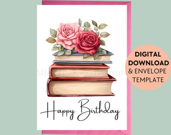 Book Birthday Card Printable, Literary Birthday Card, For Book Lovers, Rose Books, Printable Greeting, Digital Download