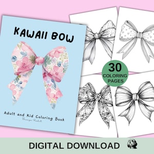 30 Kawaii Schleifen Malseiten für Erwachsene und Kinder, Malbuch zum Ausdrucken, niedliche Schleifen Färbung, Kokette Färbung, digitaler Download