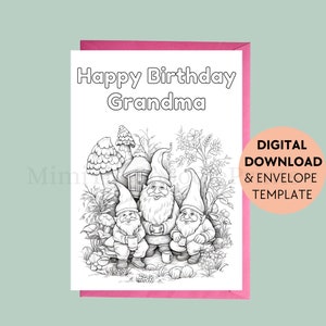 Carte d'anniversaire à colorier, carte d'anniversaire grand-mère, joyeux anniversaire, gnome, voeux à imprimer, téléchargement numérique