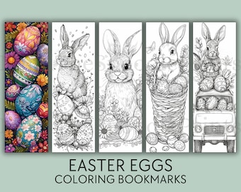 May include: Set of five black and white coloring bookmarks featuring Easter bunnies and eggs. The bookmarks are designed for coloring and feature a variety of Easter themes, including bunnies, eggs, baskets, and a car.