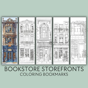 Bookstore Storefront Coloring Bookmarks Printable for Adults, Bookshop Coloring, Reading Nook Decor