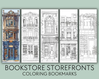 Bookstores Storefront Coloring Bookmarks Printable for Adults, Bookshop Coloring, Reading Nook Decor, Digital Download