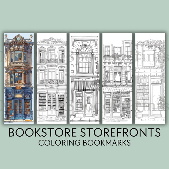Bookstores Storefront Coloring Bookmarks Printable for Adults, Bookshop Coloring, Reading Nook Decor, Digital Download