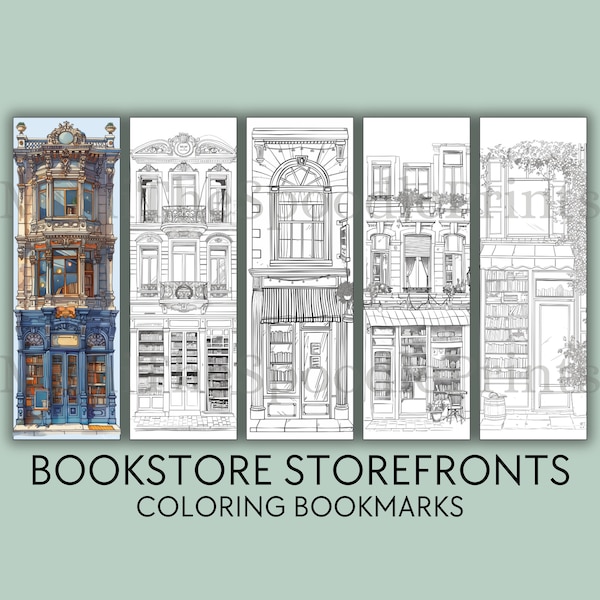 Bookstore Storefront Coloring Bookmarks Printable, For Adults, Bookshop Sketch Coloring, Reading Nook Decor, Digital Download