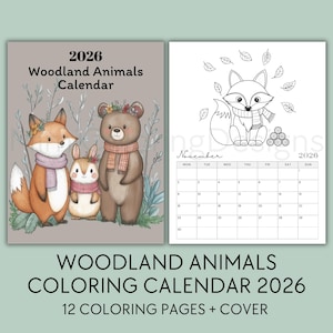 Könnte beinhalten: Ein 2026 Woodland Animals Malbuchkalender mit einem Cover mit einem Fuchs, einem Bären und einem Hasen. Der Kalender enthält 12 Malvorlagen. Die Novemberseite zeigt einen Fuchs mit Schal und Blättern. Der Text lautet "Woodland Animals Malbuchkalender 2026".