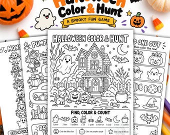 Gra do druku „Halloween Color and Hunt”, zabawa w poszukiwanie skarbów i kolorowanie dla dzieci, wersja cyfrowa w formacie PDF