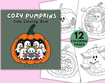 May include: A digital download coloring book with 12 pages featuring cute illustrations of pumpkins with ghosts inside reading books. The cover features a pumpkin with ghosts reading books and the text "Cozy Pumpkins Cute Coloring Book".