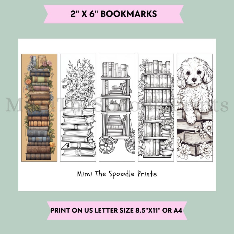 Literary Coloring Bookmarks Printable, for Book Lovers, Vintage Books