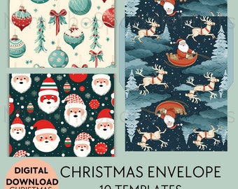 May include: Ten printable Christmas envelope templates featuring festive designs. The designs include Santa Claus, reindeer, ornaments, and Christmas trees in red, green, blue, and white.