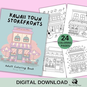 24 Kawaii Town Storefronts Coloring Pages for Adults, Printable Coloring Book, Kawaii Storefronts Urban Sketch Coloring, Digital Download