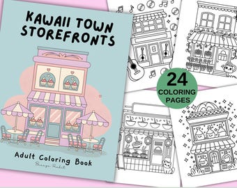 Kawaii Town Storefronts Coloring Pages: 24 Page Urban Sketch Book (Digital Download)