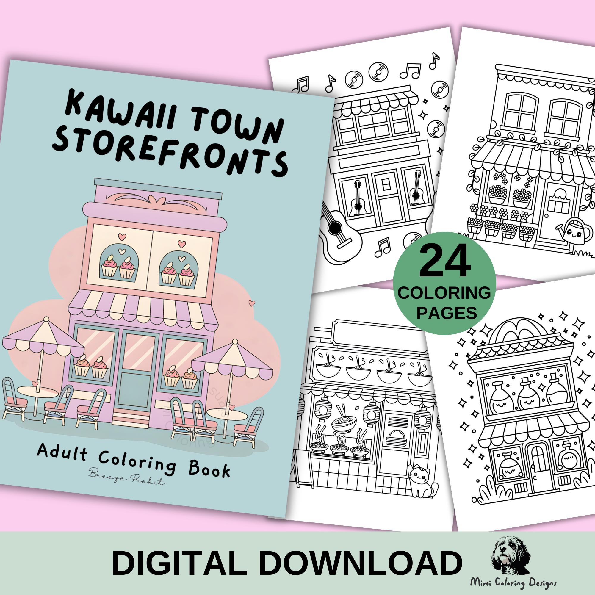 24 Fachadas kawaii de tiendas para colorear para adultos | Libro de urban sketch para imprimir | Descarga digital