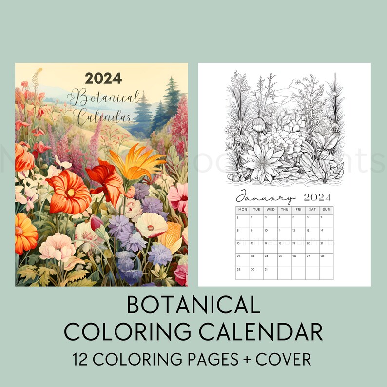 Flower Coloring Calendar 2024 Printable, for Adults, 2024 Monthly