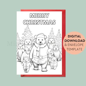 Carte de Noël à colorier, Carte de Noël pour enfants, Joyeux Noël, Ours, Carte de voeux à imprimer