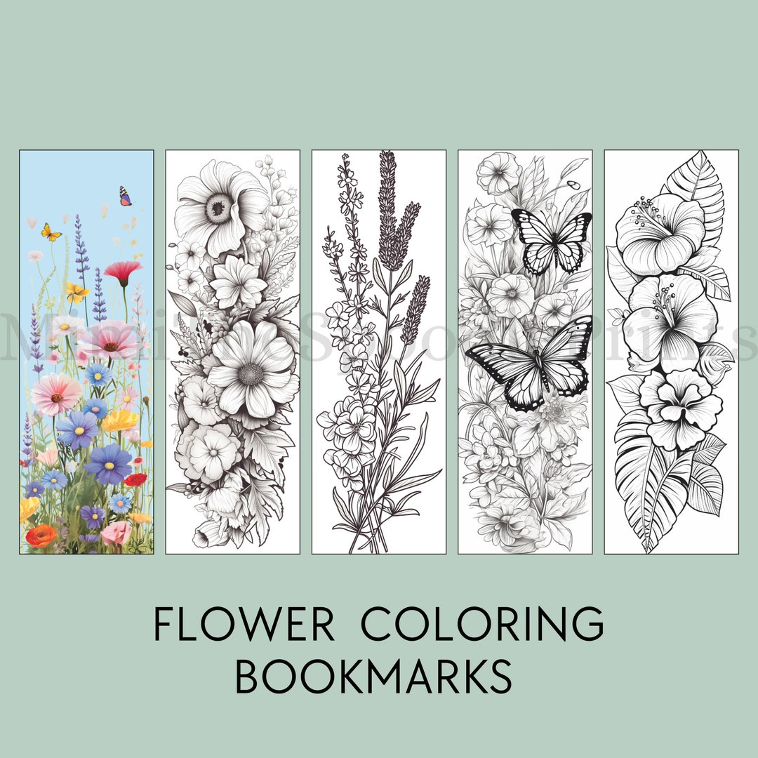Flower Coloring Bookmarks Printable, for Flower Lover, Flower Bookmark ...