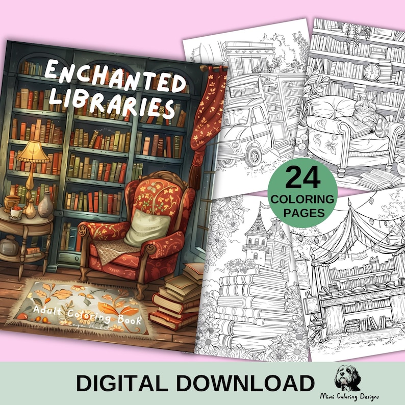 Library Coloring Pages for Adults, Printable Coloring Book, Enchanted Libraries, Booklover Gift, Relaxation, Stress Relief, Mindfulness Gift
