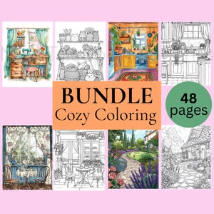 Bundle Cozy Coloring Pages For Adults, Printable Coloring Book, Kawaii Cozy Corners, Cottage Garden, Kitchen, Cafe, Digital Download
