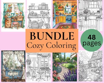 Bundle di pagine da colorare accoglienti per adulti, libro da colorare stampabile, angoli accoglienti kawaii, giardino cottage, cucina, bar, download digitale
