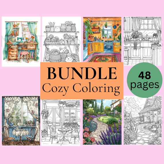 Cozy Coloring Book Bundle: Kawaii, Cottage, Kitchen, Cafe (Digital Download)