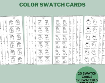 Schede campiona colori stampabili, tabella campiona colori pennarelli, riferimento colori per pitture e matite colorate, organizer per materiali artistici, download digitale in PDF