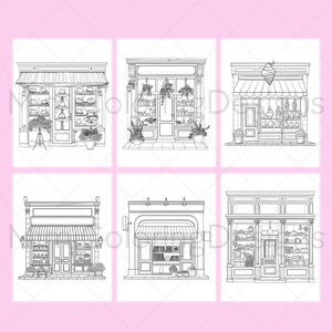 24 Cute Storefronts Coloring Pages for Adults, Printable Coloring Book, Storefronts Urban Sketch ...