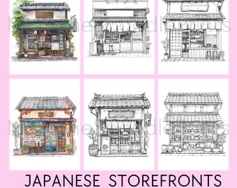 27 Japanese Storefronts Coloring Pages, For Adults, Printable Coloring Book, Japanese Storefronts Urban Sketch Coloring, Digital Download