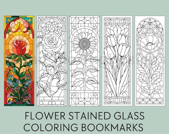 Marcadores florais de vitral para impressão: rosa, girassol, tulipa (download digital em PDF)