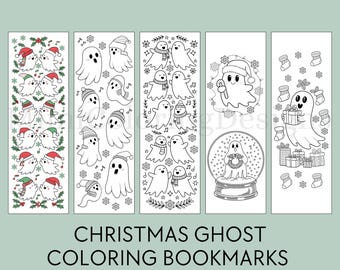 May include: Set of five black and white printable Christmas ghost coloring bookmarks. Each bookmark features a different design with ghosts wearing Santa hats, scarves, and holding gifts. The text "CHRISTMAS GHOST COLORING BOOKMARKS" is at the bottom of the image.