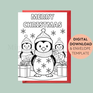 Afdrukbare kerstkaart kleuren, kerstkaart voor kinderen, kerstkaart, pinguïn, digitale download