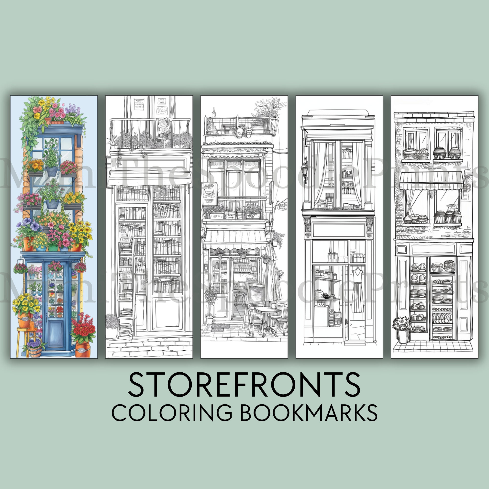 Storefronts Coloring Bookmarks Printable for Adults, Storefronts Bookmark, Urban Sketch Coloring ...
