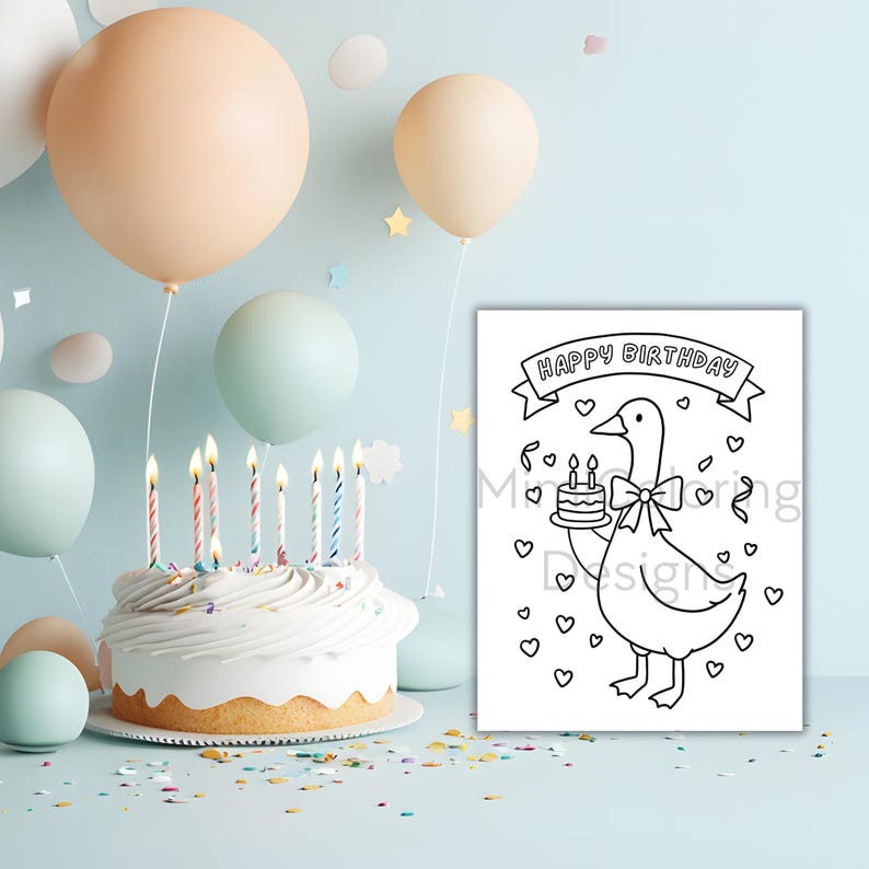 Silly Goose birthday coloring pack for kids – creative printable fun for parties. Includes several different designs with happy geese celebrating birthdays. Great for themed parties, school activities, or just-for-fun coloring at home. Digital file only – no waiting for shipping, instant download.