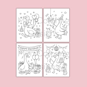 Kids birthday party coloring pages with silly goose themes – instant digital download! Features happy geese, birthday decorations, gifts, and more. Perfect for DIY party activities, classroom treats, or rainy day fun. Encourage creativity and fine motor skills with these printable PDF sheets.