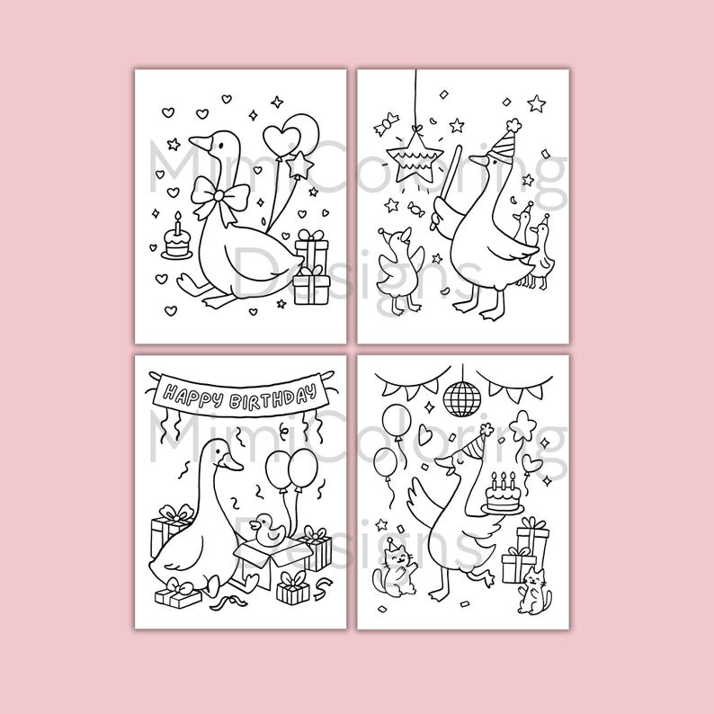 Kids birthday party coloring pages with silly goose themes – instant digital download! Features happy geese, birthday decorations, gifts, and more. Perfect for DIY party activities, classroom treats, or rainy day fun. Encourage creativity and fine motor skills with these printable PDF sheets.
