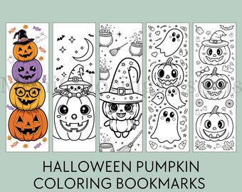 May include: Five black and white printable Halloween pumpkin coloring bookmarks. Each bookmark features a different pumpkin design with a witch's hat, a cat, a ghost, and other Halloween elements.