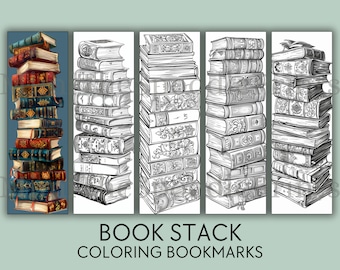 May include: Five black and white printable bookmarks featuring stacks of vintage books. The bookmarks are designed for coloring and are labeled "Book Stack Coloring Bookmarks".
