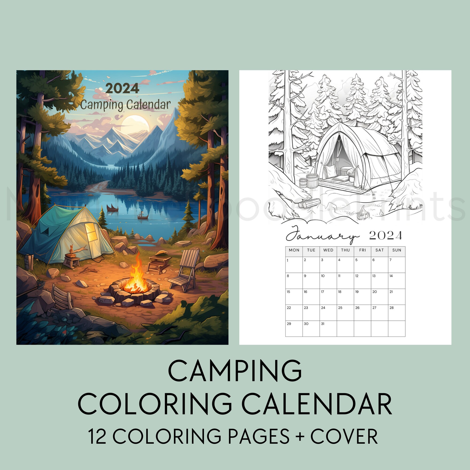 Camping Coloring Calendar 2024 Printable, for Camping Lovers, 2024