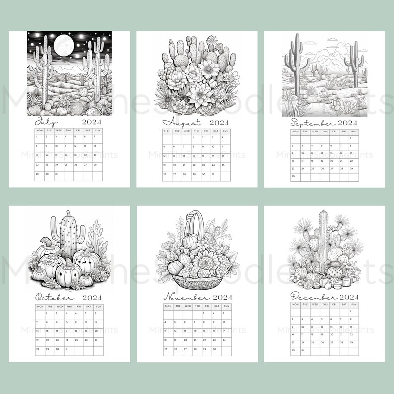 Cactus Coloring Calendar 2024 Printable, for Cactus Lovers, 2024 ...