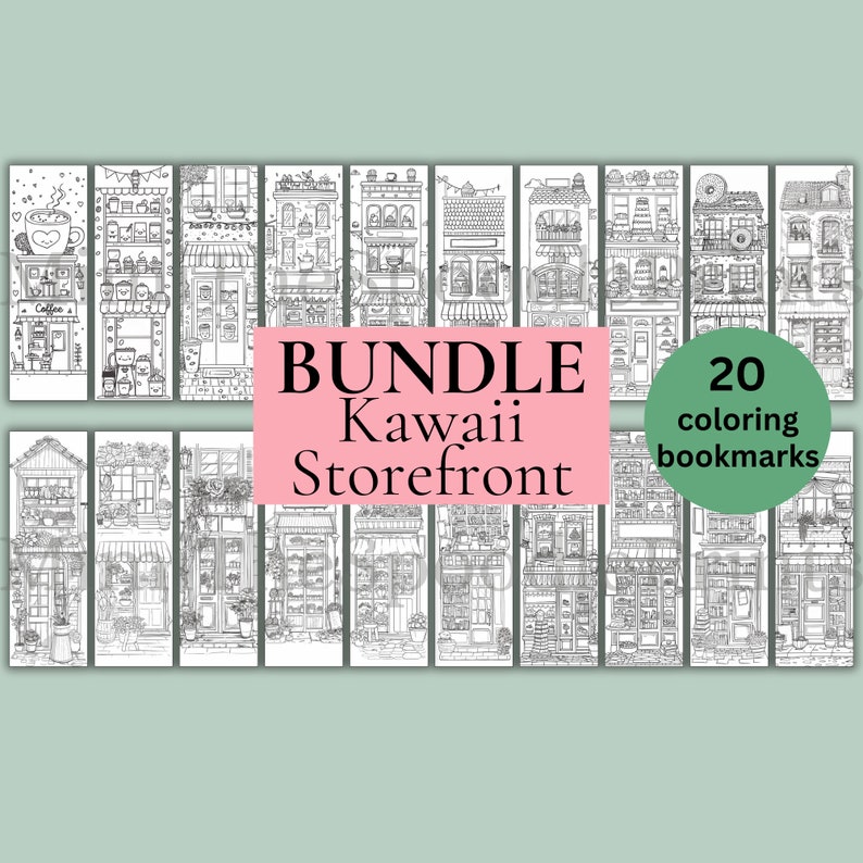Kawaii Storefront Bundle Coloring Bookmarks Printable for Adults, Storefront Bookmark, Reading Nook Decor, Book Lover Gift