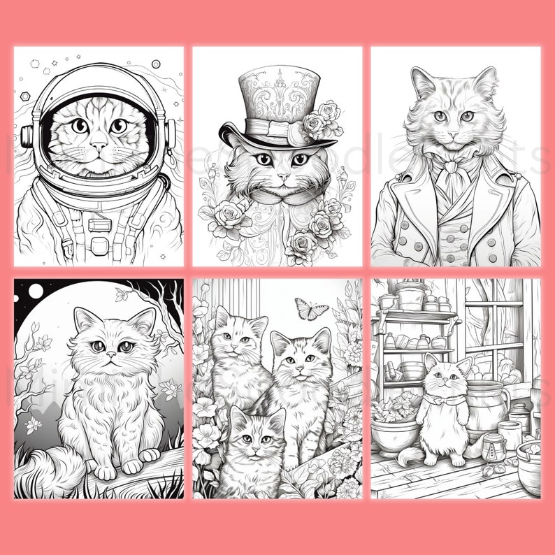 40 Cat Coloring Pages, for Adults, Printable Coloring Book, Cute Cat ...