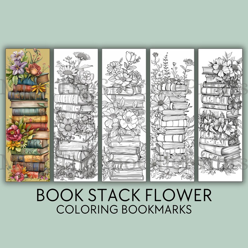 Book Stack Colur In Book Stack Flower Coloring Bookmarks: Literary Gift (digital Download ...