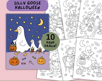 Kolorowanki z Gęsią na Halloween, ręcznie rysowana, upiorna gęś, kolorowanka dla dzieci i dorosłych do druku w formacie PDF