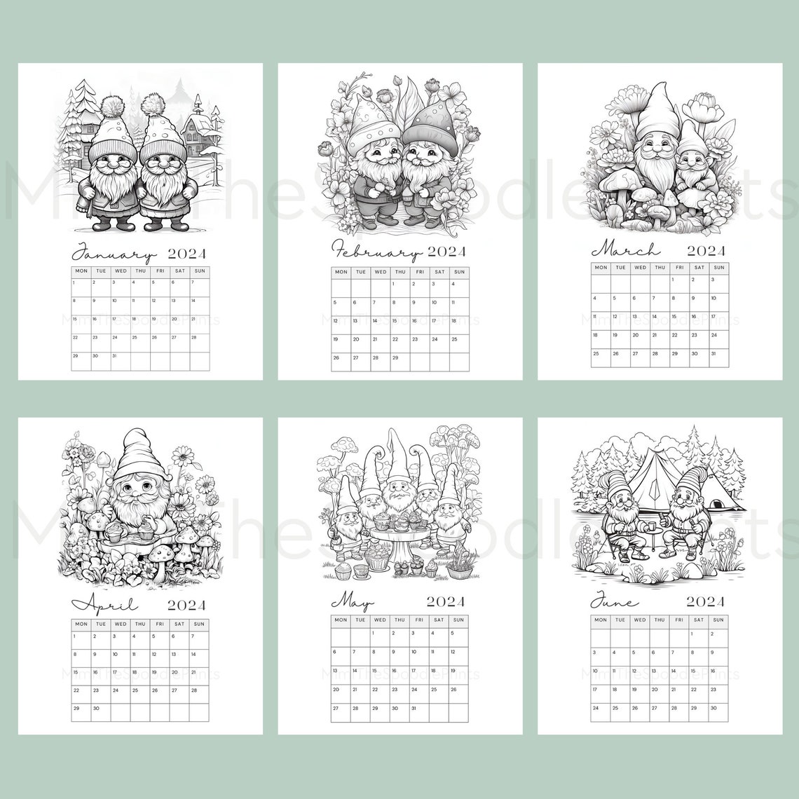 Gnome Coloring Calendar 2024 Printable, for Gnome Lovers, 2024 Monthly