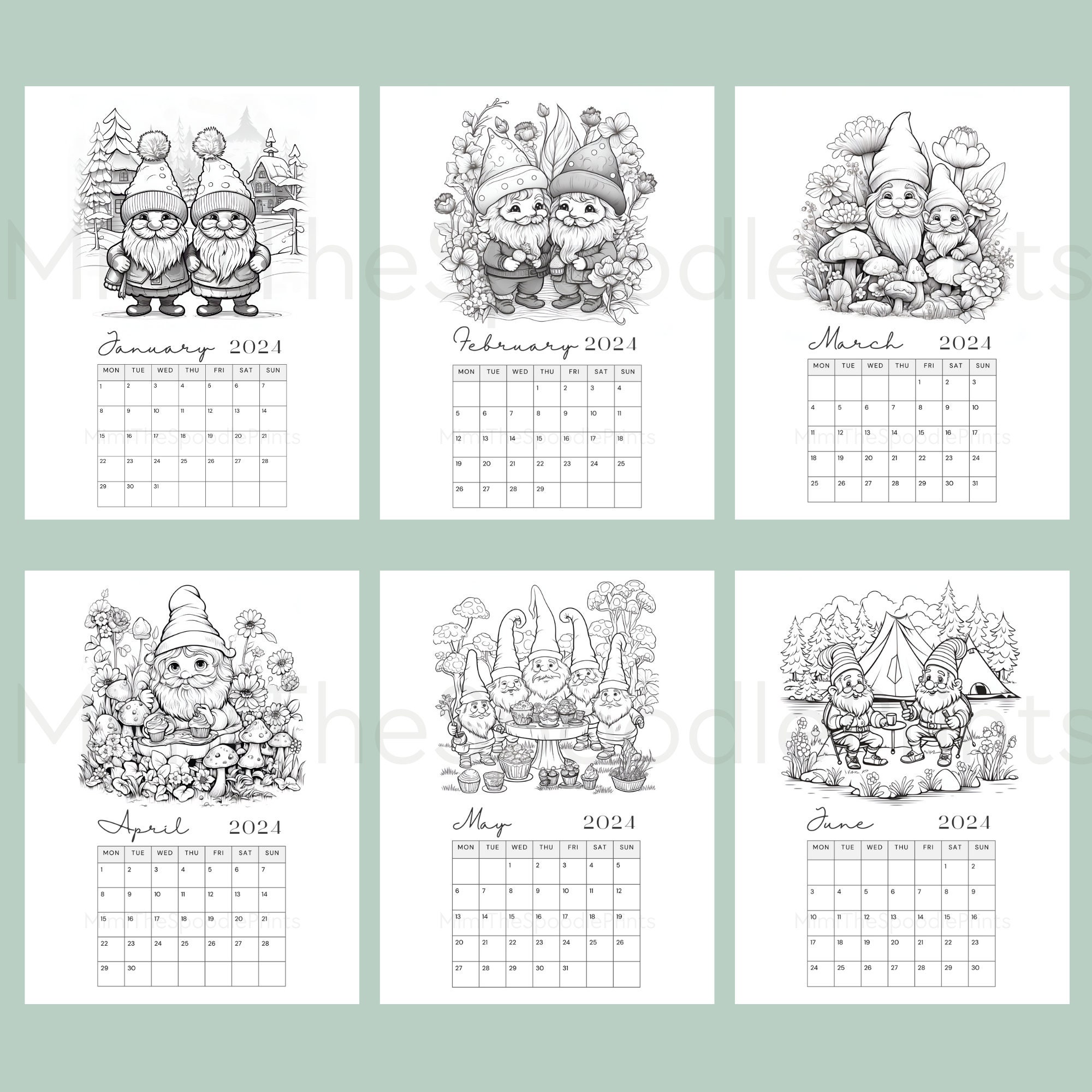 Gnome Coloring Calendar 2024 Printable, for Gnome Lovers, 2024 Monthly Planner, Cute Gnome