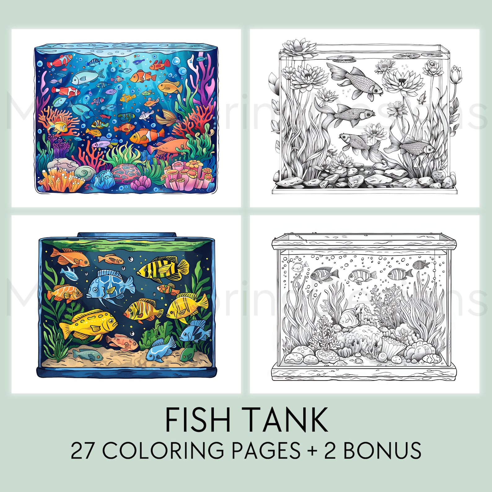 Fish Tank Coloring Pages, for Adults and Kids, Printable Coloring Book