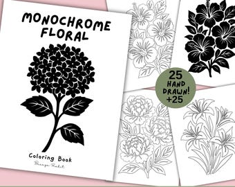 Monochrome Coloring Flower Printable: Colouring Pages for Stress Relief, Mindful Designs (Digital Download PDF)